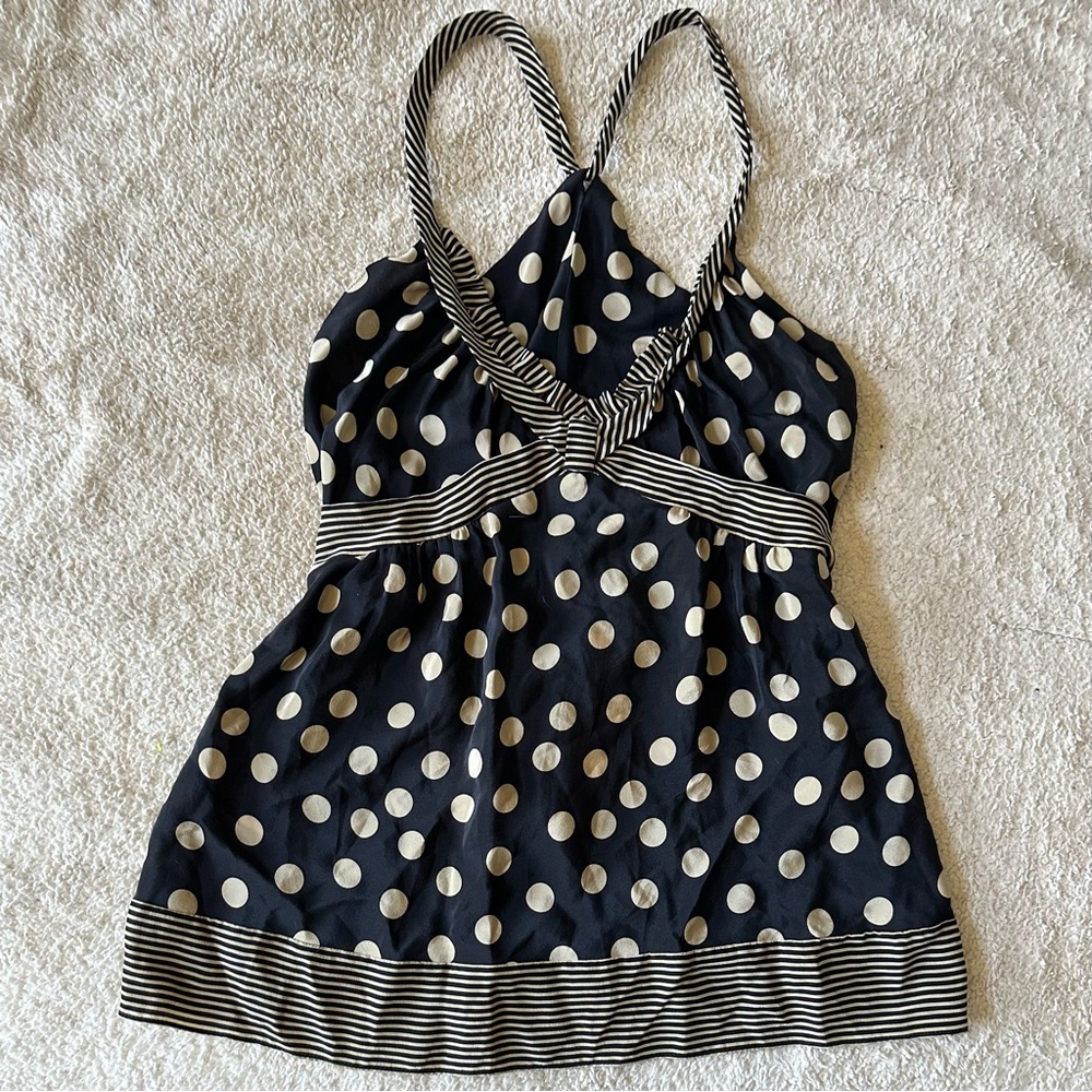 NWT BCBGMaxAzria Silk Black & Tan Dot Tank, Striped Accents, Bow in Back, Sz M